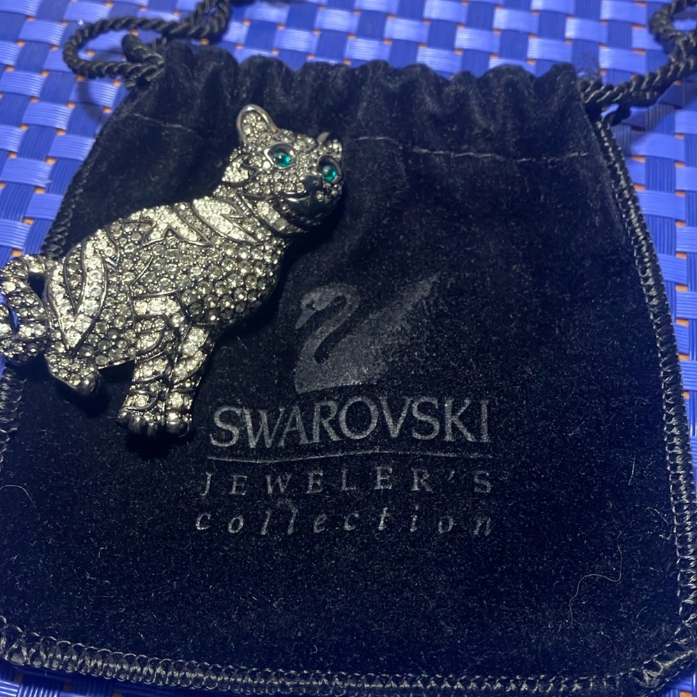 Swarovski Black and Silver Cat Brooch with Crystal Accents-Vintage very rare ❤️